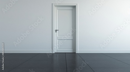 A white door with a black door handle is set in a white wall with black baseboards. The floor is black tile with visible grout lines. The room is empty and appears to be a hallway