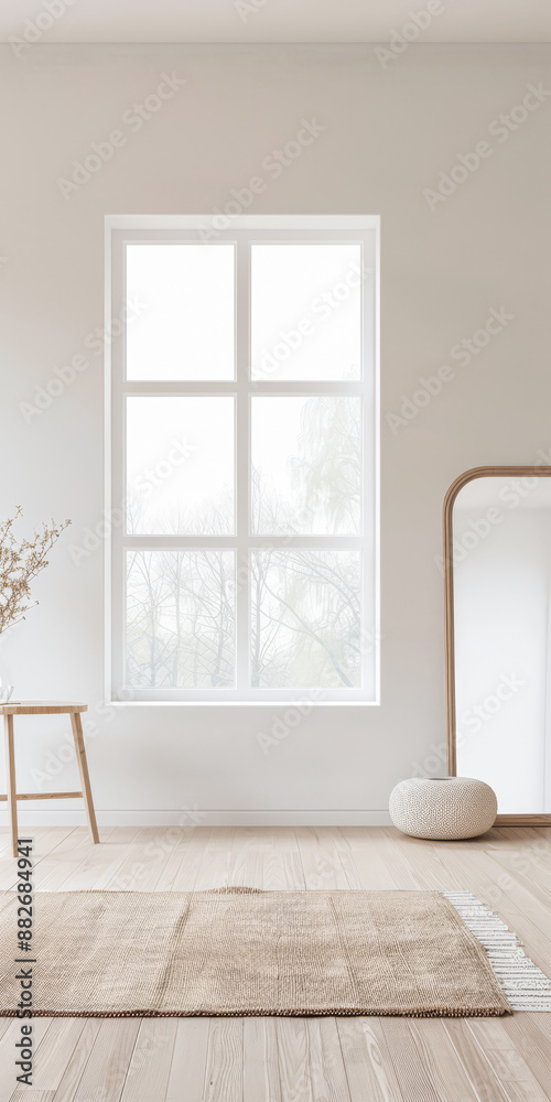 Fototapeta premium Interior design living room composition with a mirror, a large window and minimal furniture. Apartment interiors with plain lighting and copy space.