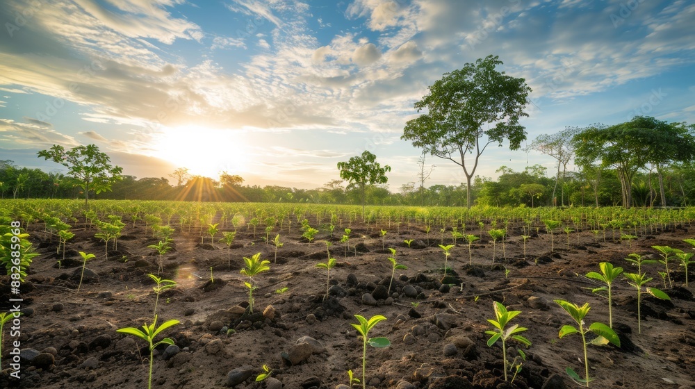 Landscape view of tree seedlings stretching to the horizon, Landscape view of tree seedlings stretching to the horizon,