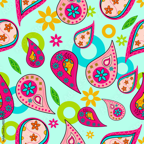 Paisley bright seamless texture with colorful floral elements.