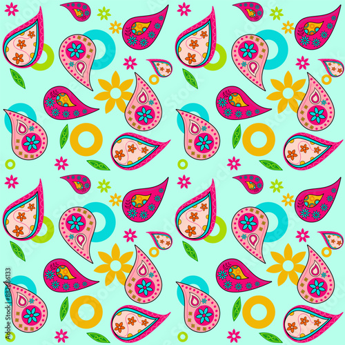 Paisley bright seamless texture with colorful floral elements.