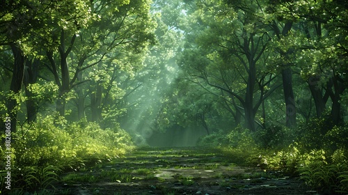 Woodland outdoors: tranquil forest setting with open space for text, ideal for nature and outdoor concepts.
