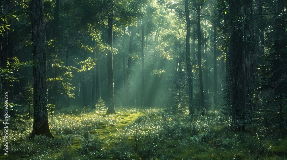 Woodland scene: forest landscape with generous copy space for text, ideal for nature and environmental visuals. Woodland scene: forest landscape with generous copy space for text, ideal for nature and environmental visuals.