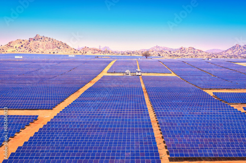 Panoramic View of a Large Solar Power Plant producing Clean Energy