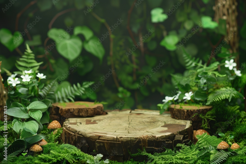 Forest podium scene with moss-covered trees, ferns, mushrooms, white jasmine flowers, and ivy leaves. Subtle lighting highlights, nature theme, 3D render Forest podium scene with moss-covered trees, ferns, mushrooms, white jasmine flowers, and ivy leaves. Subtle lighting highlights, nature theme, 3D render