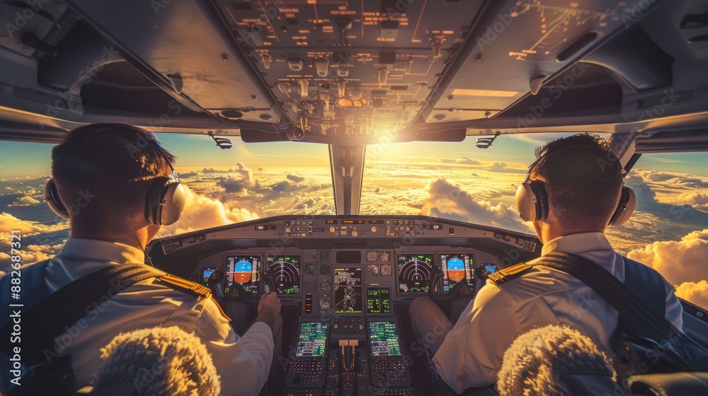Fototapeta premium Pilots Cockpit Sunset Flight