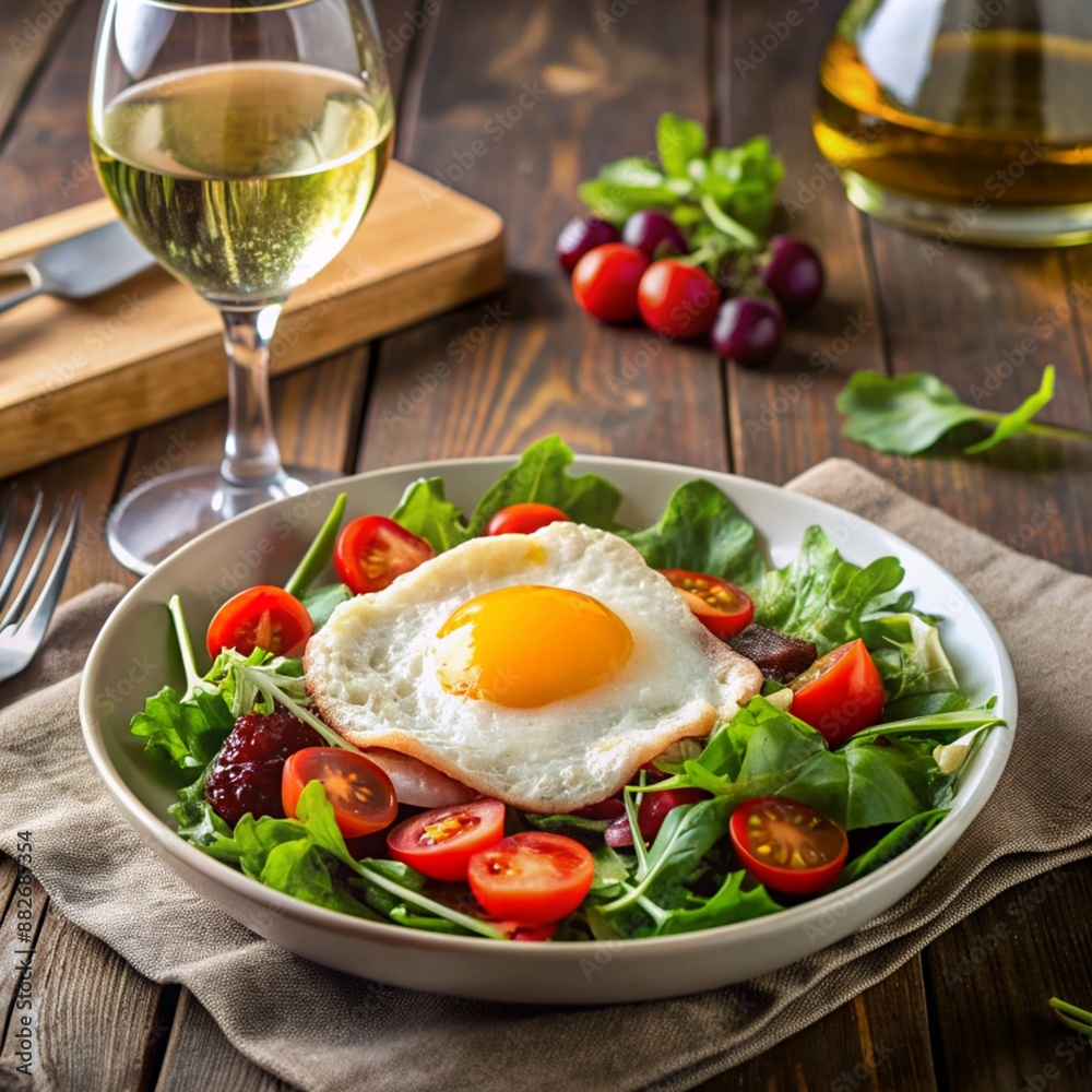 A plate of salad with a fried egg on top, accompanied by a glass of white wine A plate of salad with a fried egg on top, accompanied by a glass of white wine