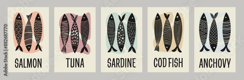 Fish. Set of modern and geometric posters. Hand drawn vector illustration. Modern backgrounds for cover, label, banner, exhibition, restaurants.eps