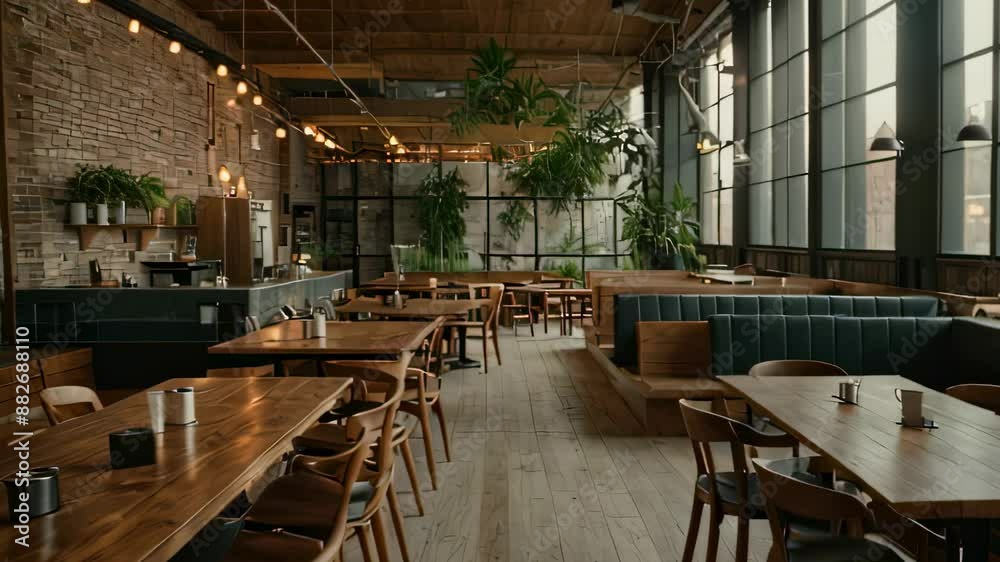 Video animation of interior of a spacious restaurant with a modern and rustic aesthetic. Wooden tables, pendant lighting, exposed brick walls Video animation of interior of a spacious restaurant with a modern and rustic aesthetic. Wooden tables, pendant lighting, exposed brick walls
