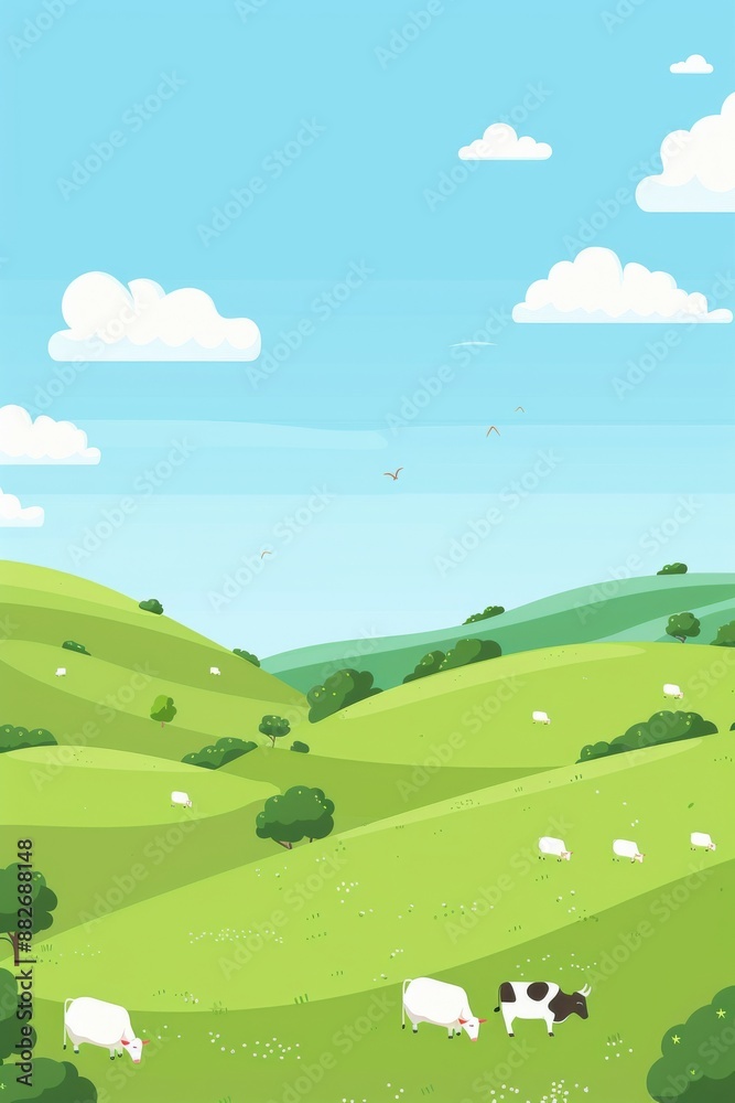 Draw a UI illustration of a ranch with cows and sheep grazing on the grassland Draw a UI illustration of a ranch with cows and sheep grazing on the grassland