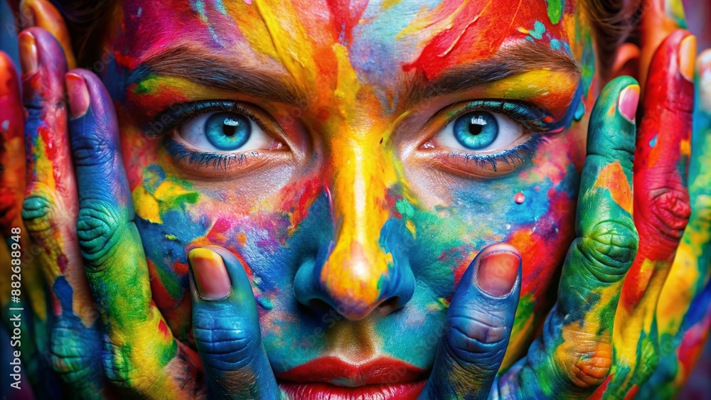 Obraz premium Vibrant multicolored paint covers the face, framed by smeared hands, with striking blue eyes as the focal point, creating a mesmerizing and playful artistic expression.