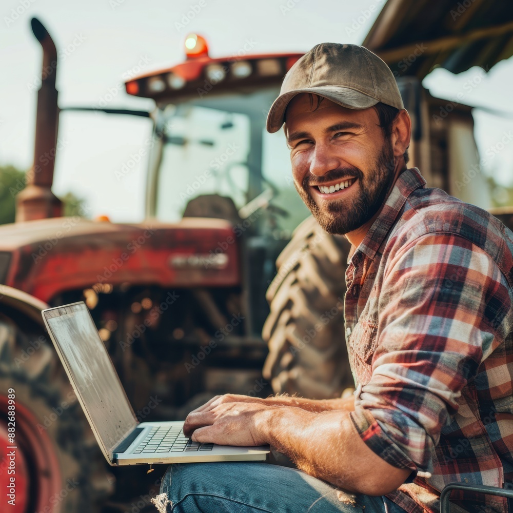 A Smiling Farmer Utilizing Technology with a Laptop Next to Advanced Agricultural Machinery, Showcasing the Integration of Innovation and Agriculture for Enhanced Productivity 