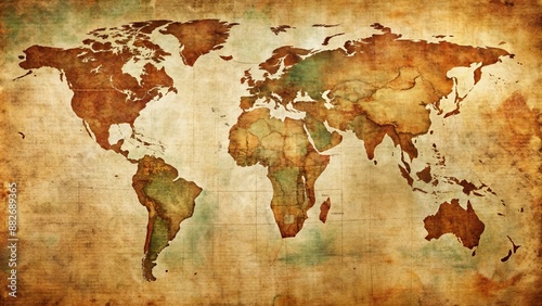 Fototapeta Naklejka Na Ścianę i Meble -  Retro-styled vintage world map vector background with distressed texture, old-fashioned fonts, and faded colors, evoking a sense of nostalgic exploration.
