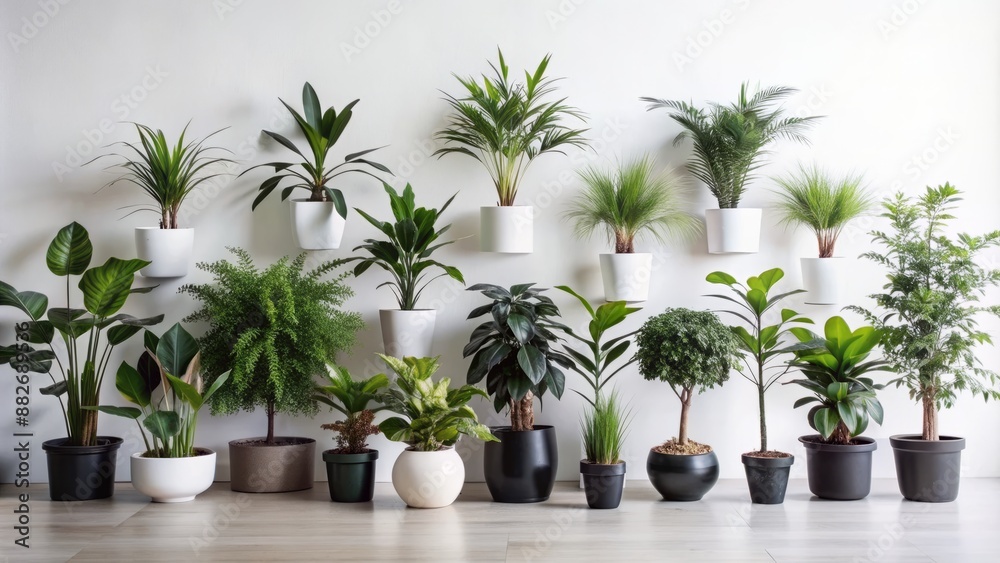 Obraz premium Sleek white backdrop showcases array of varying black potted plants in natural state, exuding calmness and serene beauty.