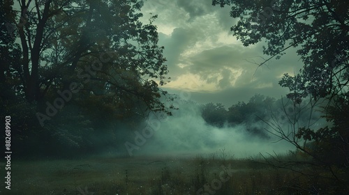 Countryside forest with cloudy sky covered by fire smoke during the evening. 