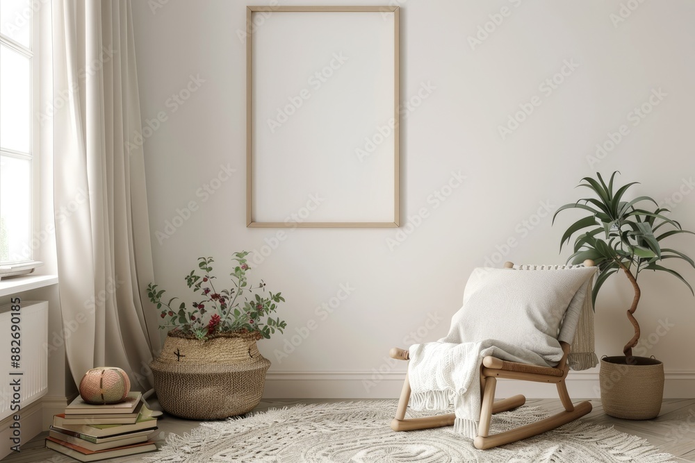 Naklejka premium Serene Children's Reading Nook with Rocking Chair, Picture Books, and Mockup Frame on Wall