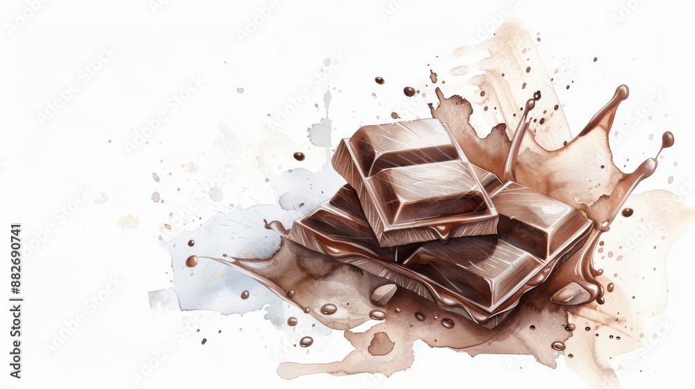 Fototapeta premium Artistic splash of chocolate with bars of rich, creamy dark chocolate, perfect for dessert and confectionery themes.