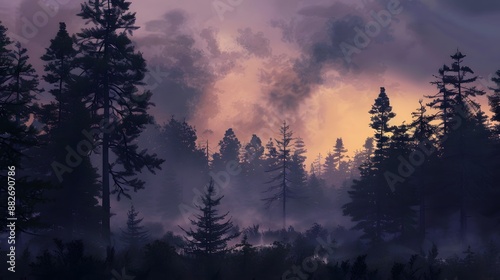 Countryside forest with cloudy sky covered by fire smoke during the evening. 