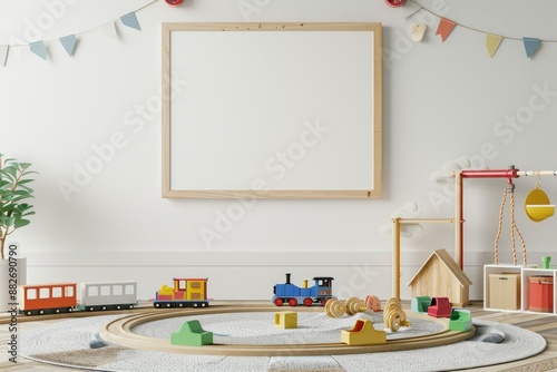Creative Play Area with Wooden Train Set and Blank Canvas Mockup in Children's Room