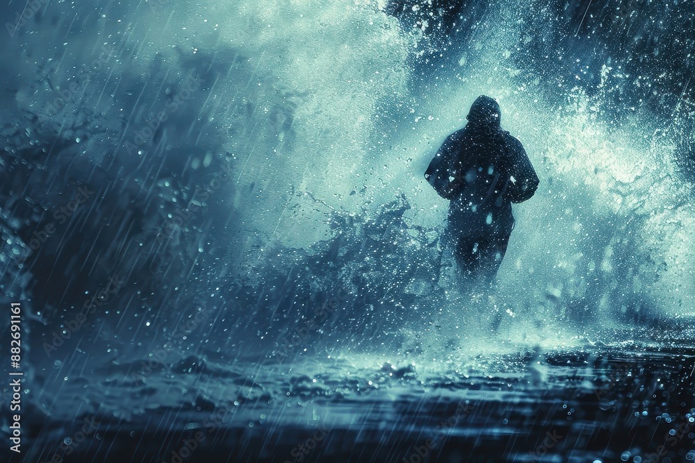 Runner battling against strong winds and rain. Runner battling against strong winds and rain.