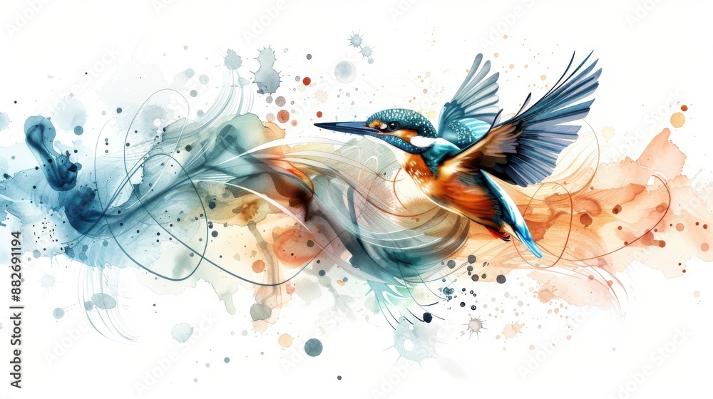 Obraz premium Vibrant watercolor painting of a kingfisher in flight with abstract splashes of color, capturing the beauty and movement of nature.