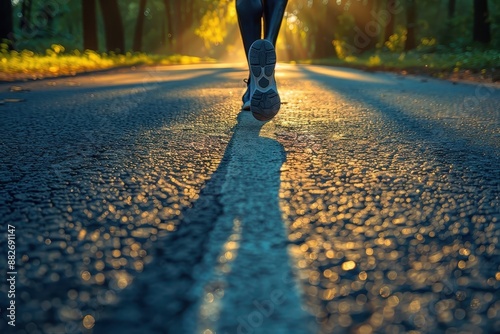 Runner's shadow stretching across the road as they accelerate.