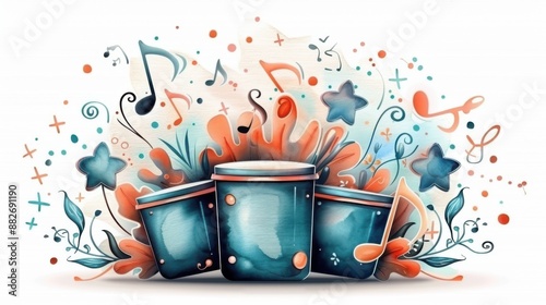 Vibrant artistic illustration of drums with musical notes and star accents, creating a lively and energetic musical theme. photo