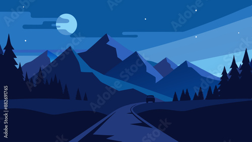 Night mountains landscape with a car driving on the road vector illustration