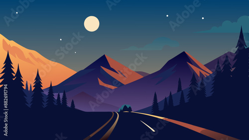 Night mountains landscape with a car driving on the road vector illustration