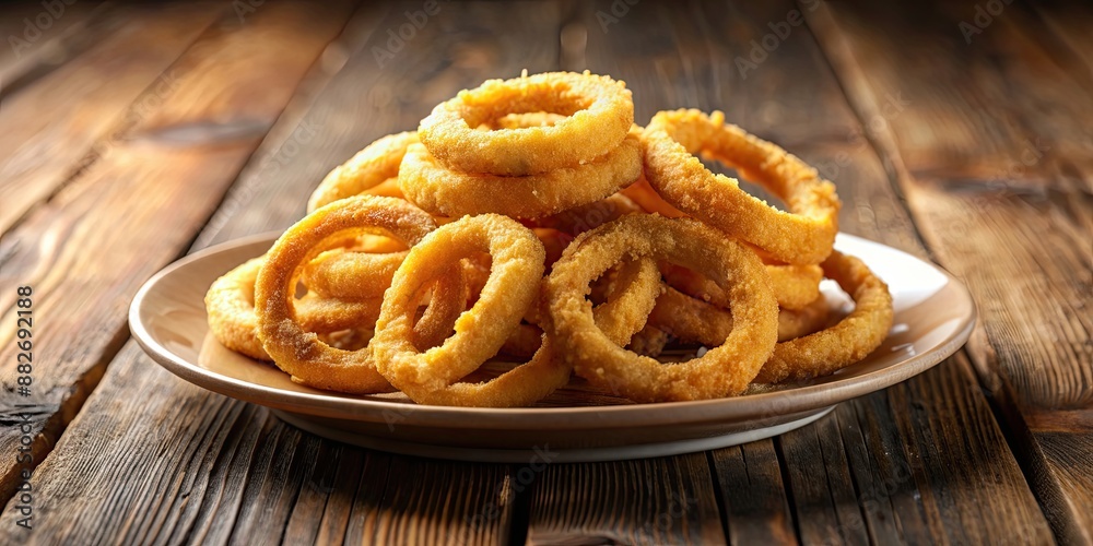 Plate of golden crispy onion rings on wooden table, onion rings, crispy, golden, delicious, snack, fried, appetizer, savory Plate of golden crispy onion rings on wooden table, onion rings, crispy, golden, delicious, snack, fried, appetizer, savory