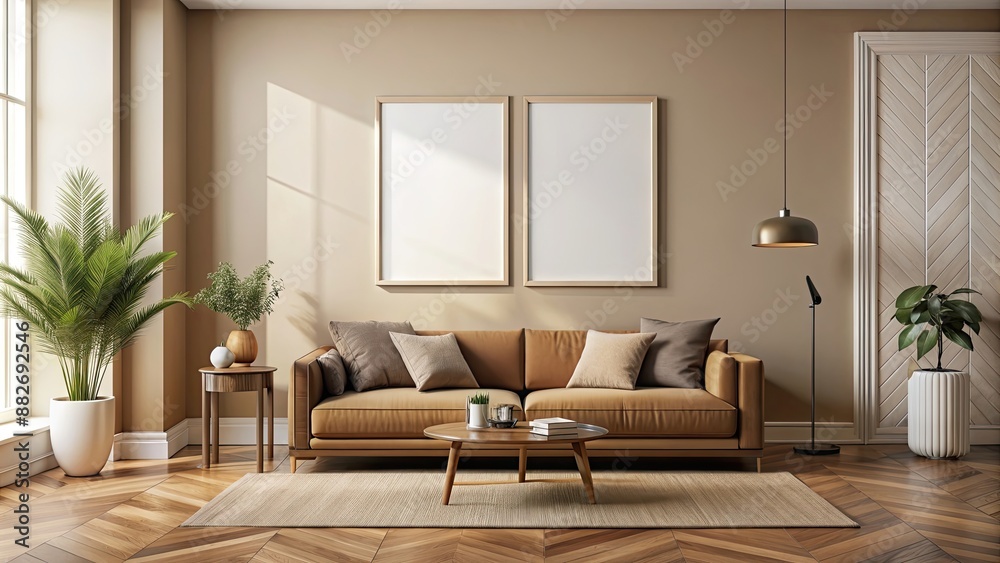 Fototapeta premium Modern living room with beige walls, wooden floor, brown sofa, and mockup poster frame
