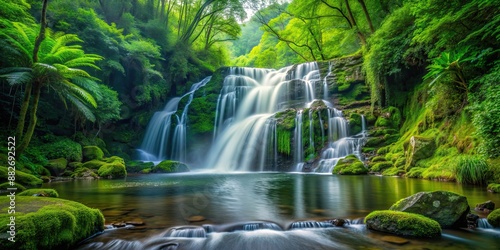 Peaceful waterfall cascading through lush green forest, waterfall, forest, nature, serene, tranquil, green, trees