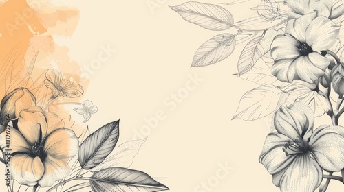 Fototapeta Naklejka Na Ścianę i Meble -  Hand drawn botanical themed banner with space for text featuring a mix of floral elements and sketchy lines