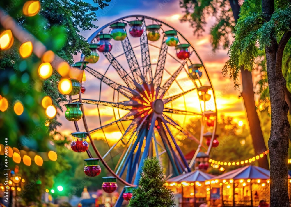 Fototapeta premium Colorful ferris wheel and festive decorations in a vibrant city park during summer festival, warm bokeh lights and lush green trees at sunset background.
