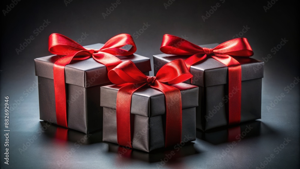 Three elegant gift boxes adorned with vibrant red ribbons sitting on a sleek black background, offering ample copy space. Three elegant gift boxes adorned with vibrant red ribbons sitting on a sleek black background, offering ample copy space.