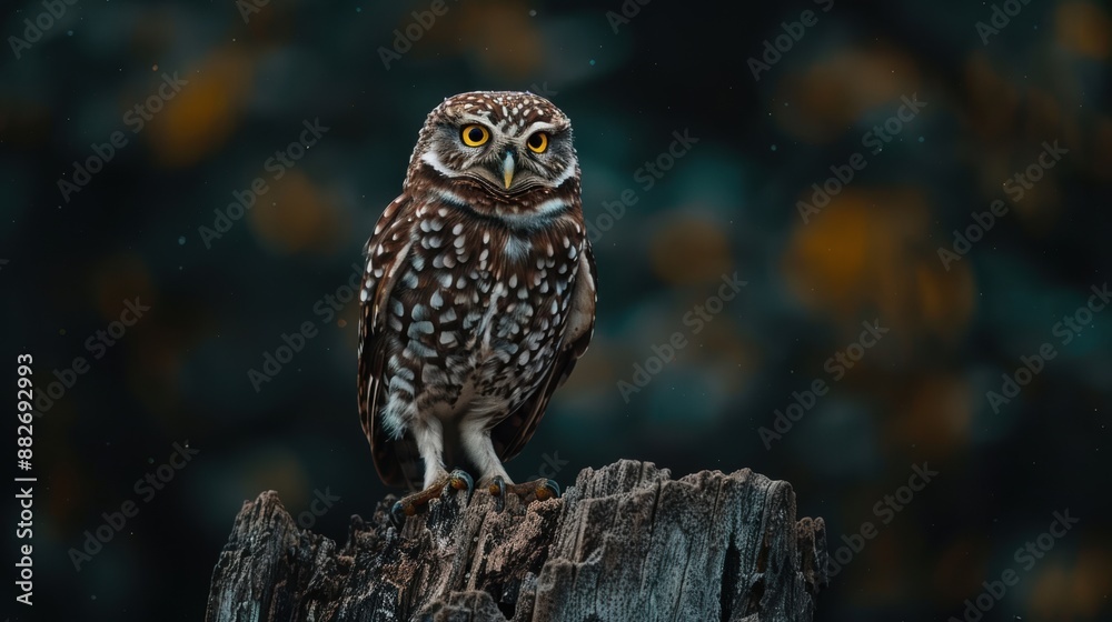 Spotted Owl Perched on Tree Stump in Forest
