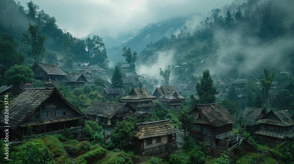 A cinematic shot of an ancient village in the mountains, overcast sky, ancient wooden houses with shingles on their roofs, lush greenery around and a few trees A cinematic shot of an ancient village in the mountains, overcast sky, ancient wooden houses with shingles on their roofs, lush greenery around and a few trees