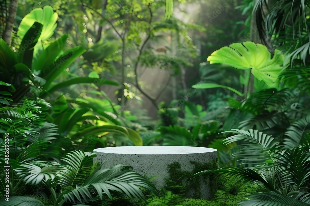 Concrete podium tabletop floor in outdoor tropical garden forest blurred green leaf plant nature background.Natural product placement pedestal stand display,summer jungle paradise concept. Concrete podium tabletop floor in outdoor tropical garden forest blurred green leaf plant nature background.Natural product placement pedestal stand display,summer jungle paradise concept.