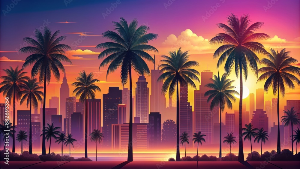 Obraz premium Vibrant tropical landscape with majestic palm trees overlooks modern cityscape vector silhouette featuring rows of houses and urban architecture.