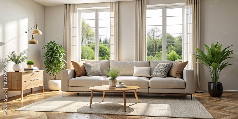 Light and airy interior with a comfortable sofa , cozy, modern, minimalistic, bright, spacious, clean, elegant Light and airy interior with a comfortable sofa , cozy, modern, minimalistic, bright, spacious, clean, elegant