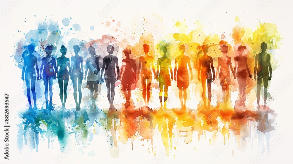 Obraz premium Human diversity in watercolor: colorful figures symbolizing unity and diversity, ideal for inclusive and community-themed designs.
