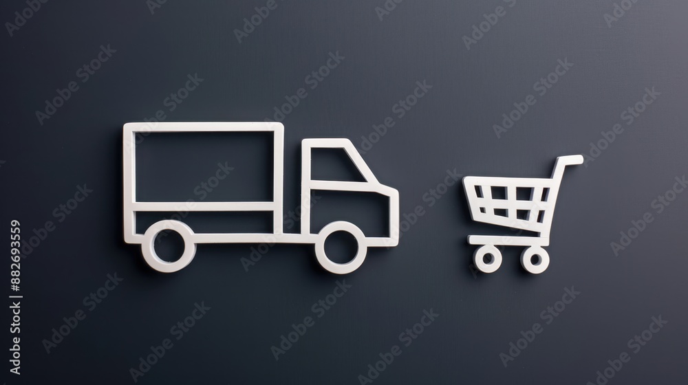 Monochromatic icons of a delivery truck and shopping cart on a sleek background, ecommerce, focusing on logistics Monochromatic icons of a delivery truck and shopping cart on a sleek background, ecommerce, focusing on logistics
