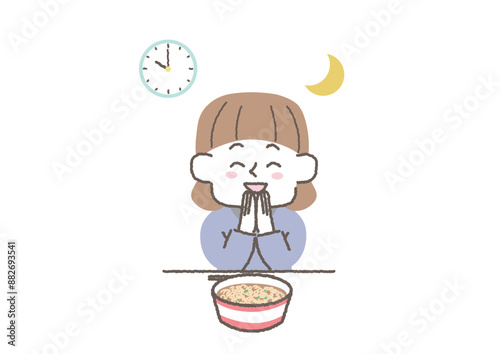 夜食のラーメンを食べている女性のイラスト