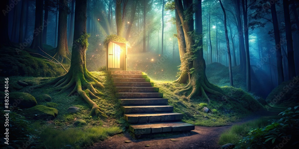 Obraz premium Night scene of a forest with illuminated staircase leading to mysterious door, forest, night, staircase, lanterns