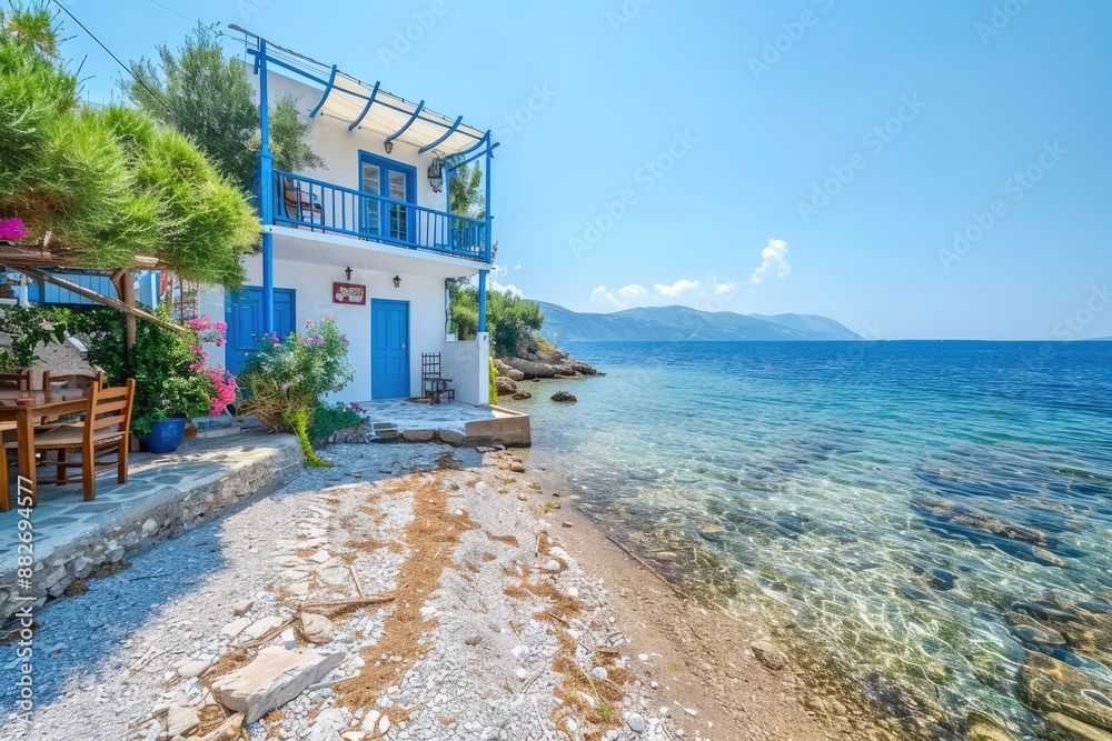 Obraz premium Cozy seaside house with stunning turquoise water view