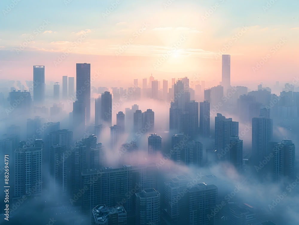 Dense Urban Smog Covering Towering Skyline Illustrates Climate Change Impact Dense Urban Smog Covering Towering Skyline Illustrates Climate Change Impact