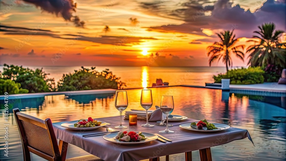 Obraz premium Romantic dinner setup by the pool at sunset , romance, evening, poolside, elegant, luxury, candlelight, setting, date, love