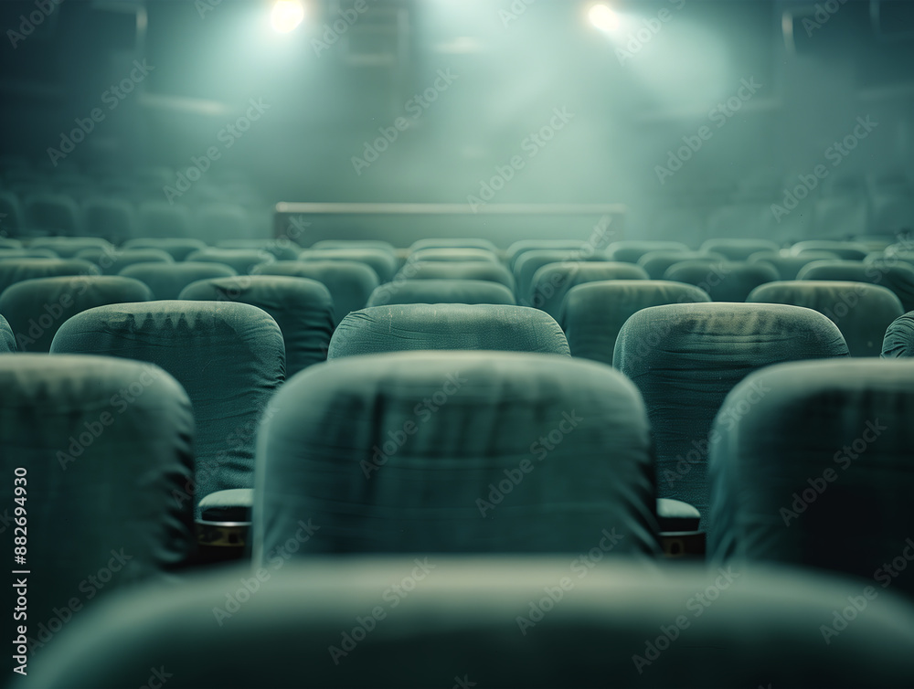 Empty velvet seats await an audience in an illuminated theater. Spotlights on, create a dramatic atmosphere, highlighting the green chairs. Empty velvet seats await an audience in an illuminated theater. Spotlights on, create a dramatic atmosphere, highlighting the green chairs.