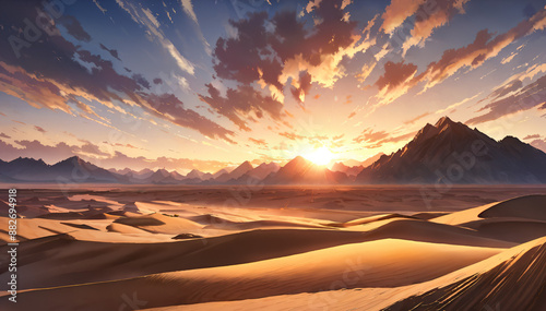 Majestic desert landscape under a clear sky, mountains and sunset.