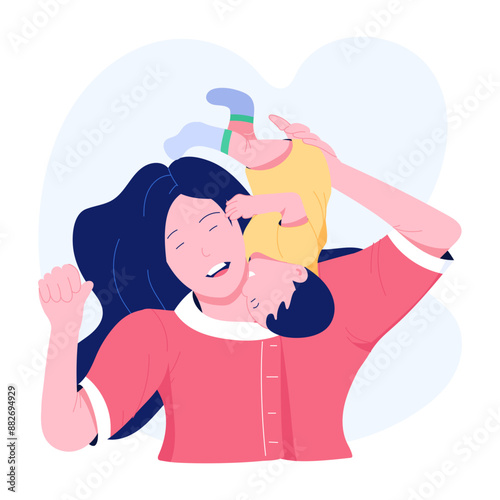 A flat style illustration of mother playing with baby 